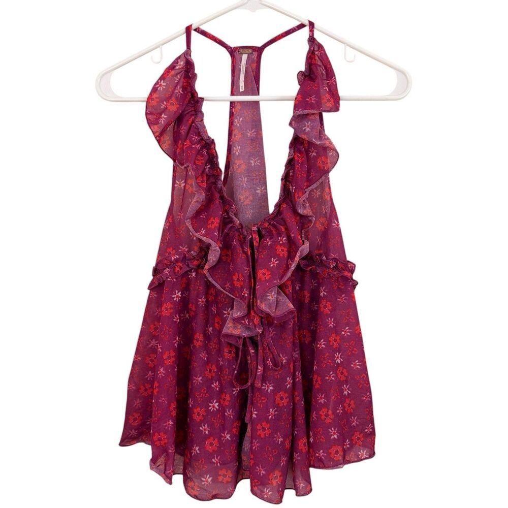 Free People Fearless Ruffle Racerback Tank Top Sz XS Oversized Pink Floral
